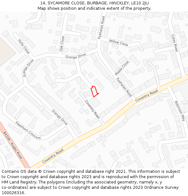 14, SYCAMORE CLOSE, BURBAGE, HINCKLEY, LE10 2JU: Location map and indicative extent of plot