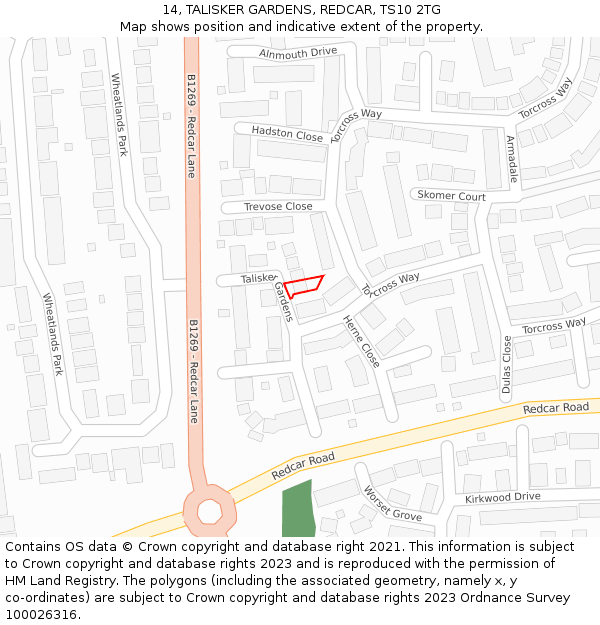 14, TALISKER GARDENS, REDCAR, TS10 2TG: Location map and indicative extent of plot