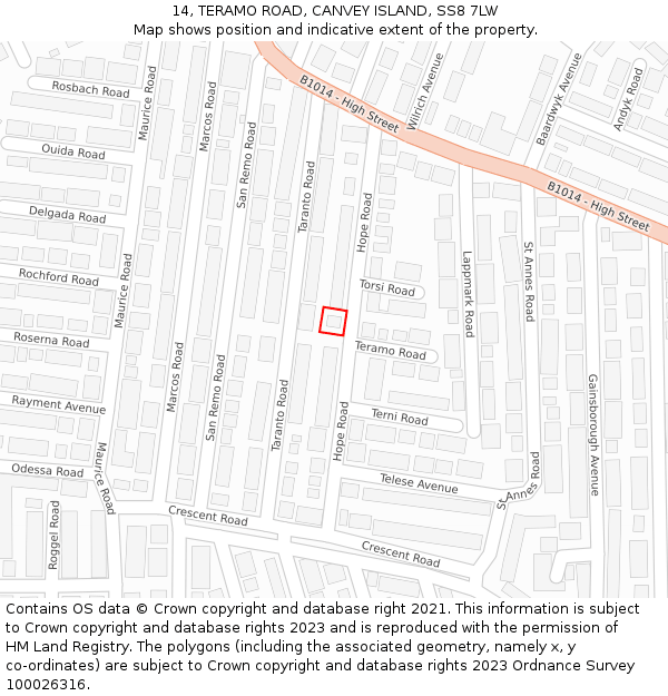 14, TERAMO ROAD, CANVEY ISLAND, SS8 7LW: Location map and indicative extent of plot