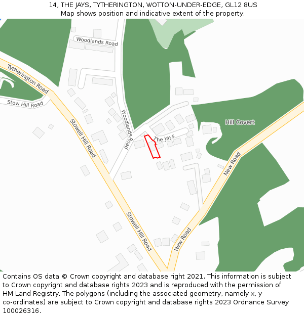 14, THE JAYS, TYTHERINGTON, WOTTON-UNDER-EDGE, GL12 8US: Location map and indicative extent of plot