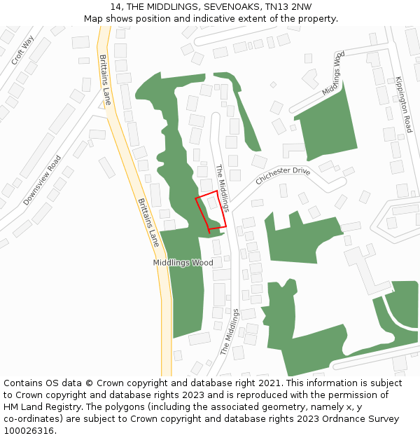 14, THE MIDDLINGS, SEVENOAKS, TN13 2NW: Location map and indicative extent of plot