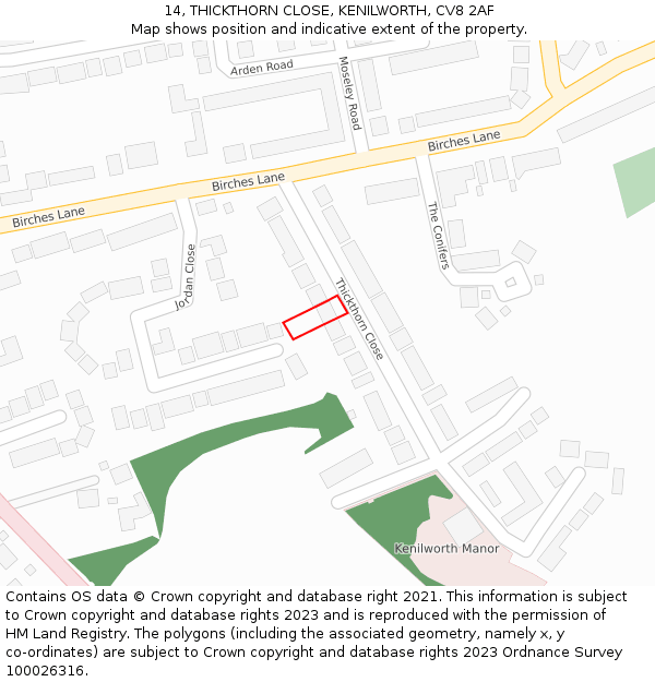 14, THICKTHORN CLOSE, KENILWORTH, CV8 2AF: Location map and indicative extent of plot