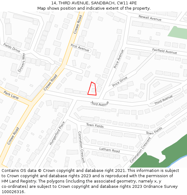 14, THIRD AVENUE, SANDBACH, CW11 4PE: Location map and indicative extent of plot