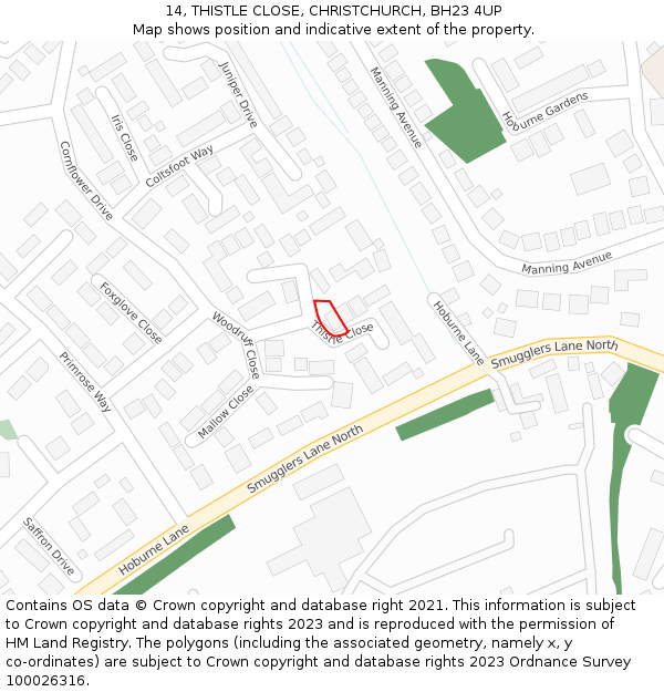 14, THISTLE CLOSE, CHRISTCHURCH, BH23 4UP: Location map and indicative extent of plot