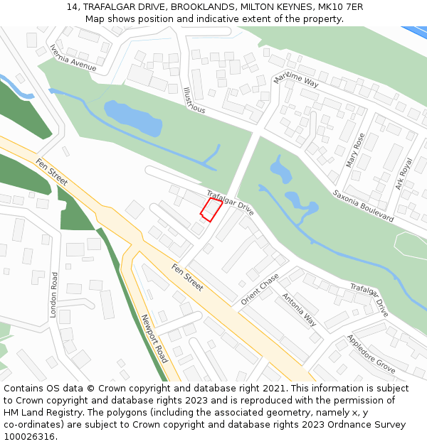 14, TRAFALGAR DRIVE, BROOKLANDS, MILTON KEYNES, MK10 7ER: Location map and indicative extent of plot