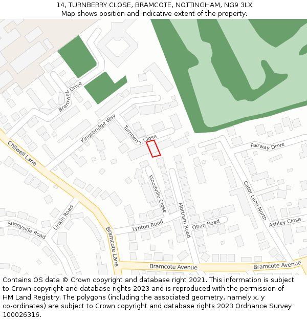 14, TURNBERRY CLOSE, BRAMCOTE, NOTTINGHAM, NG9 3LX: Location map and indicative extent of plot