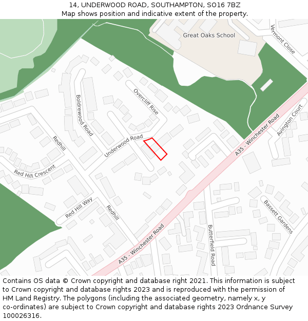 14, UNDERWOOD ROAD, SOUTHAMPTON, SO16 7BZ: Location map and indicative extent of plot