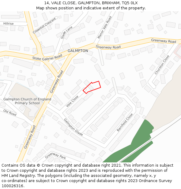 14, VALE CLOSE, GALMPTON, BRIXHAM, TQ5 0LX: Location map and indicative extent of plot