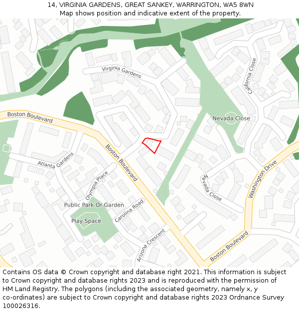 14, VIRGINIA GARDENS, GREAT SANKEY, WARRINGTON, WA5 8WN: Location map and indicative extent of plot