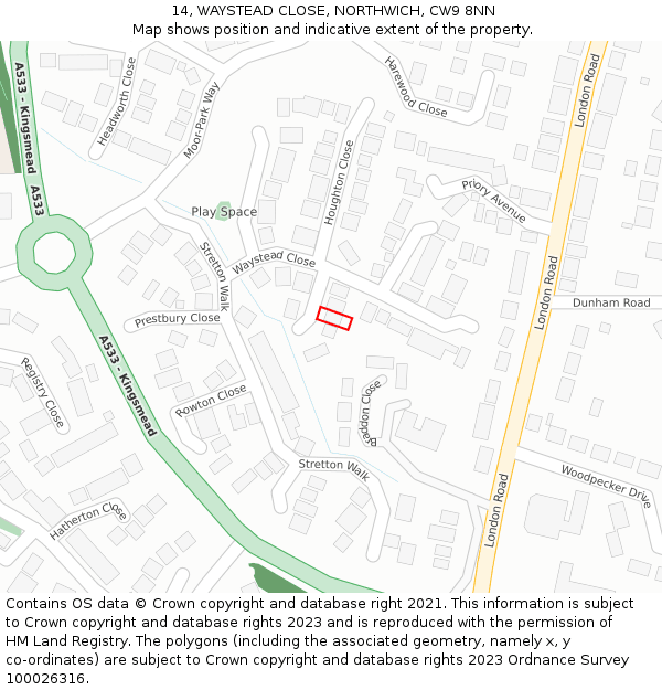 14, WAYSTEAD CLOSE, NORTHWICH, CW9 8NN: Location map and indicative extent of plot