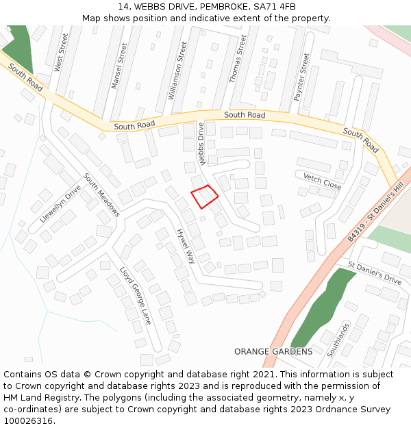14, WEBBS DRIVE, PEMBROKE, SA71 4FB: Location map and indicative extent of plot