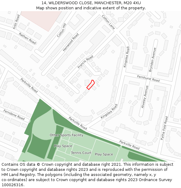 14, WILDERSWOOD CLOSE, MANCHESTER, M20 4XU: Location map and indicative extent of plot