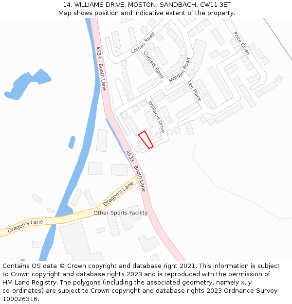 14, WILLIAMS DRIVE, MOSTON, SANDBACH, CW11 3ET: Location map and indicative extent of plot