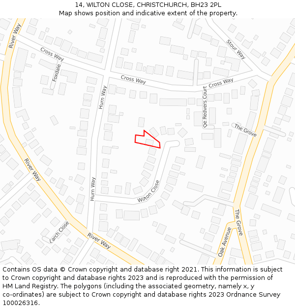 14, WILTON CLOSE, CHRISTCHURCH, BH23 2PL: Location map and indicative extent of plot