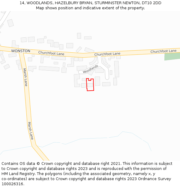 14, WOODLANDS, HAZELBURY BRYAN, STURMINSTER NEWTON, DT10 2DD: Location map and indicative extent of plot