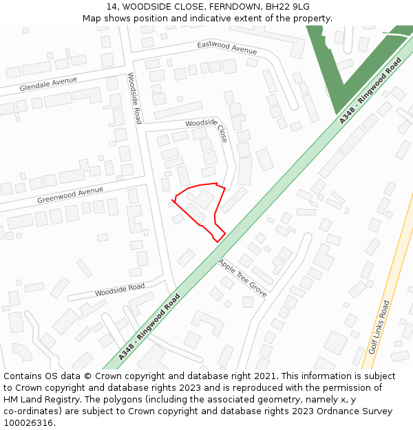 14, WOODSIDE CLOSE, FERNDOWN, BH22 9LG: Location map and indicative extent of plot