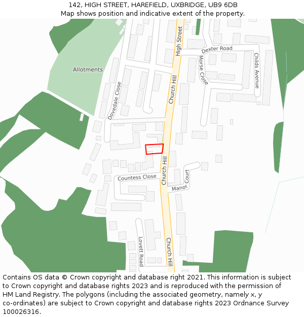 142, HIGH STREET, HAREFIELD, UXBRIDGE, UB9 6DB: Location map and indicative extent of plot