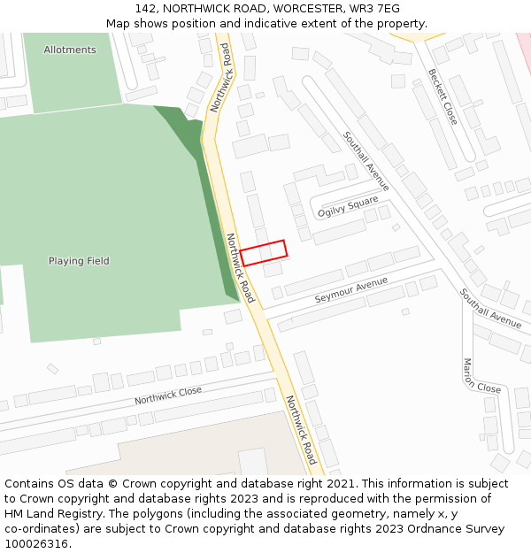 142, NORTHWICK ROAD, WORCESTER, WR3 7EG: Location map and indicative extent of plot