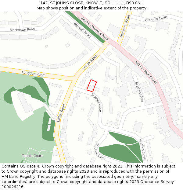 142, ST JOHNS CLOSE, KNOWLE, SOLIHULL, B93 0NH: Location map and indicative extent of plot