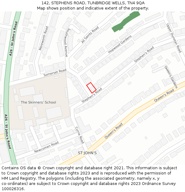 142, STEPHENS ROAD, TUNBRIDGE WELLS, TN4 9QA: Location map and indicative extent of plot