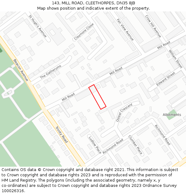 143, MILL ROAD, CLEETHORPES, DN35 8JB: Location map and indicative extent of plot