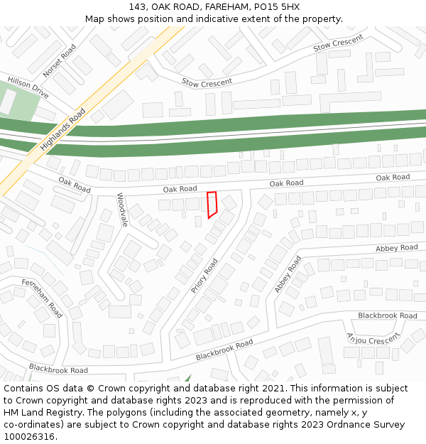 143, OAK ROAD, FAREHAM, PO15 5HX: Location map and indicative extent of plot