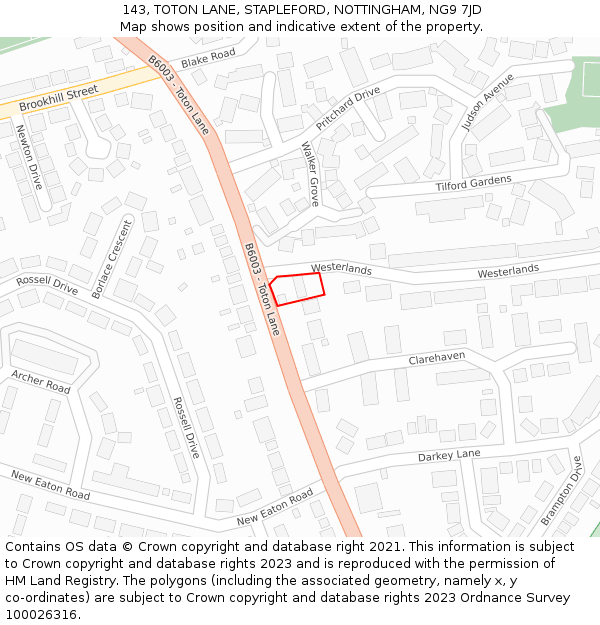 143, TOTON LANE, STAPLEFORD, NOTTINGHAM, NG9 7JD: Location map and indicative extent of plot