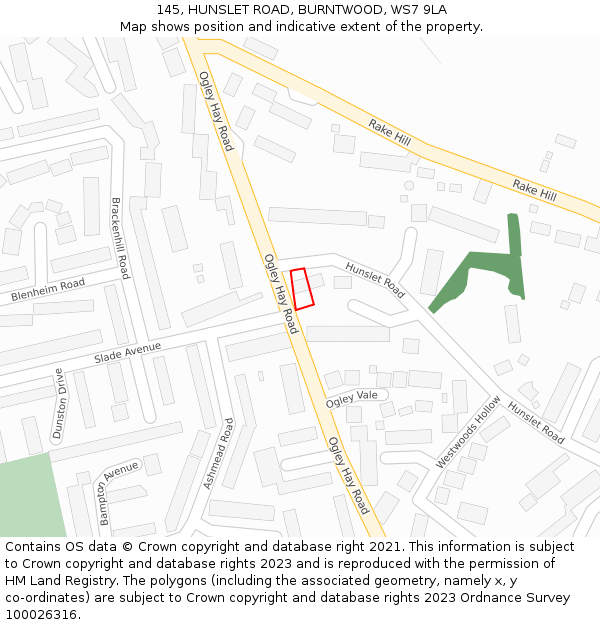 145, HUNSLET ROAD, BURNTWOOD, WS7 9LA: Location map and indicative extent of plot