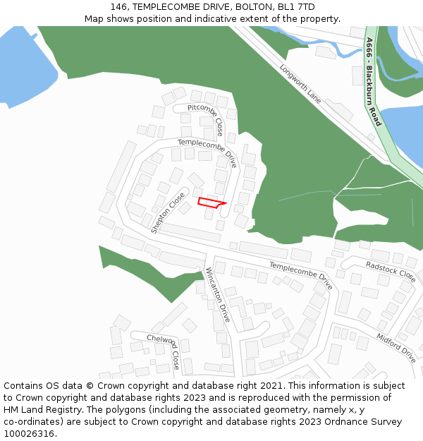 146, TEMPLECOMBE DRIVE, BOLTON, BL1 7TD: Location map and indicative extent of plot