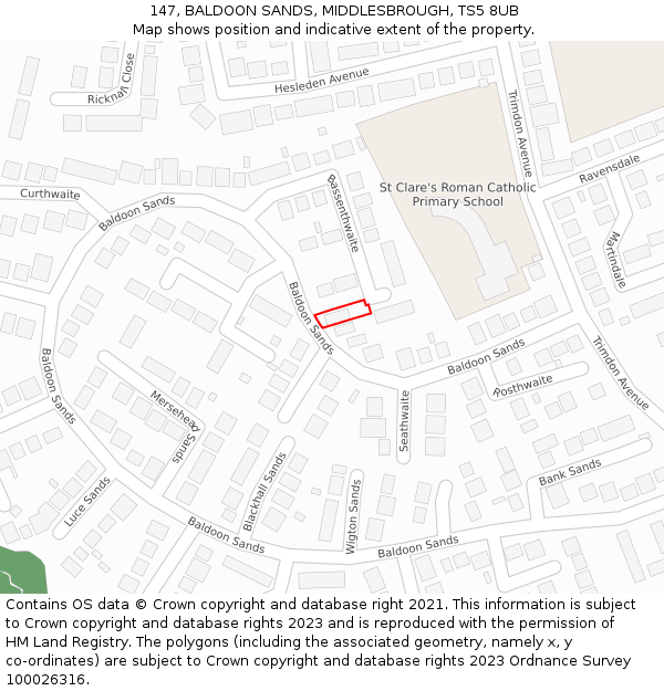 147, BALDOON SANDS, MIDDLESBROUGH, TS5 8UB: Location map and indicative extent of plot