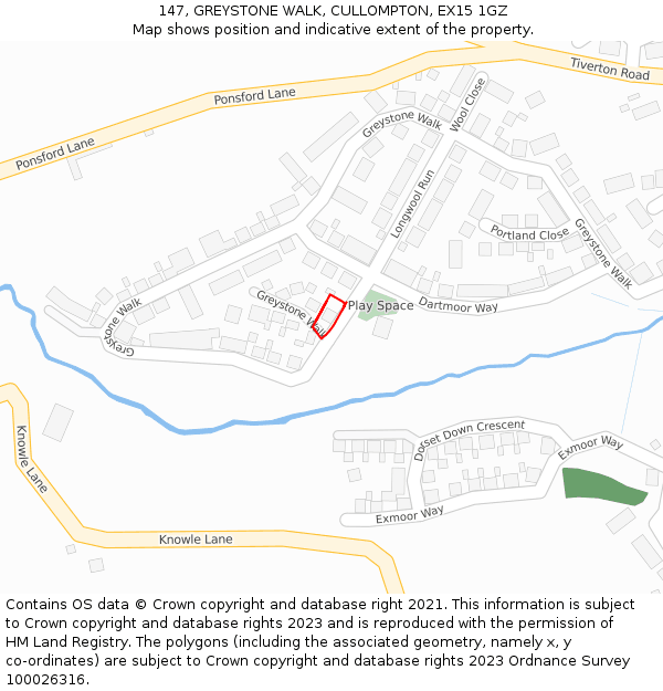 147, GREYSTONE WALK, CULLOMPTON, EX15 1GZ: Location map and indicative extent of plot