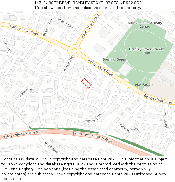 147, PURSEY DRIVE, BRADLEY STOKE, BRISTOL, BS32 8DP: Location map and indicative extent of plot