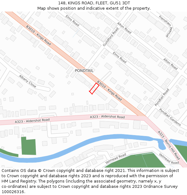 148, KINGS ROAD, FLEET, GU51 3DT: Location map and indicative extent of plot