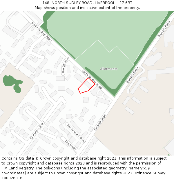 148, NORTH SUDLEY ROAD, LIVERPOOL, L17 6BT: Location map and indicative extent of plot