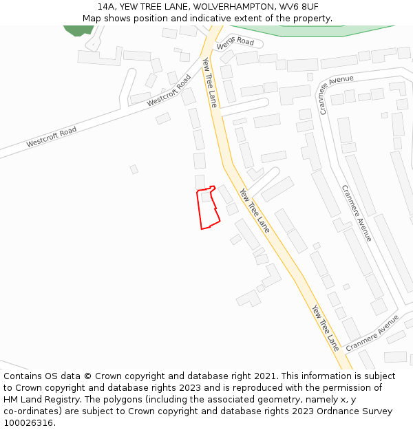 14A, YEW TREE LANE, WOLVERHAMPTON, WV6 8UF: Location map and indicative extent of plot