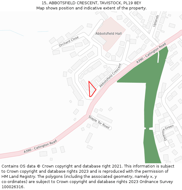 15, ABBOTSFIELD CRESCENT, TAVISTOCK, PL19 8EY: Location map and indicative extent of plot