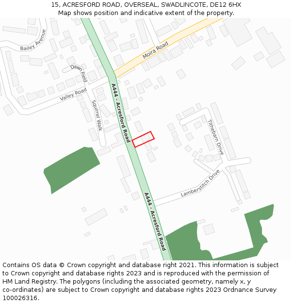 15, ACRESFORD ROAD, OVERSEAL, SWADLINCOTE, DE12 6HX: Location map and indicative extent of plot