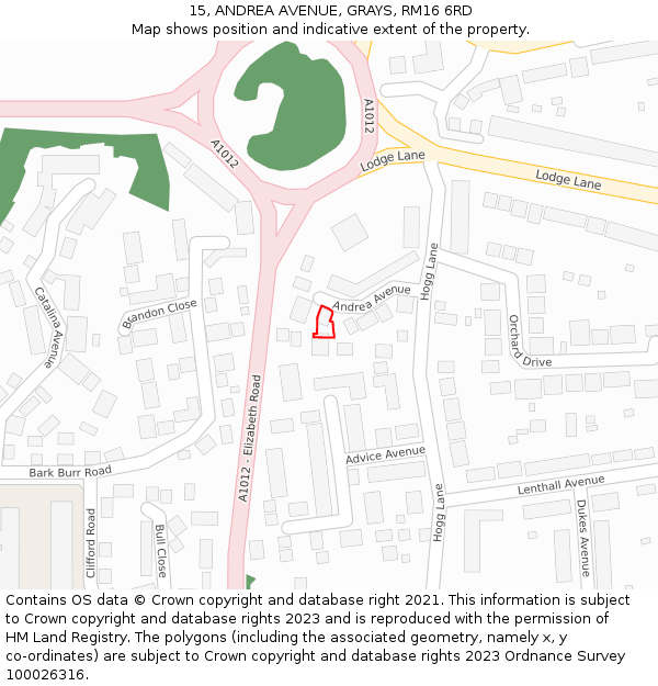 15, ANDREA AVENUE, GRAYS, RM16 6RD: Location map and indicative extent of plot