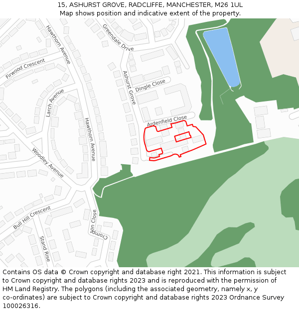 15, ASHURST GROVE, RADCLIFFE, MANCHESTER, M26 1UL: Location map and indicative extent of plot