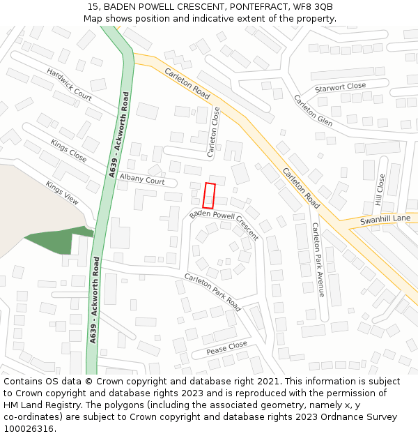 15, BADEN POWELL CRESCENT, PONTEFRACT, WF8 3QB: Location map and indicative extent of plot