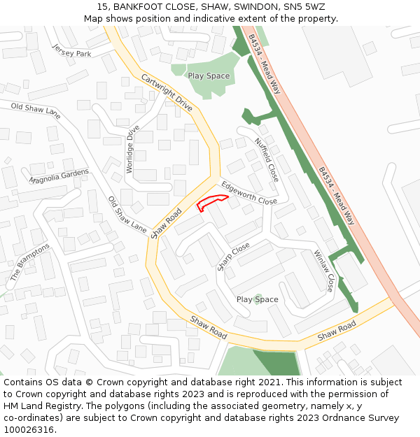 15, BANKFOOT CLOSE, SHAW, SWINDON, SN5 5WZ: Location map and indicative extent of plot