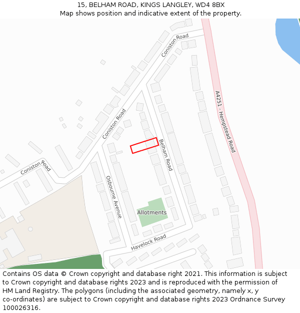 15, BELHAM ROAD, KINGS LANGLEY, WD4 8BX: Location map and indicative extent of plot