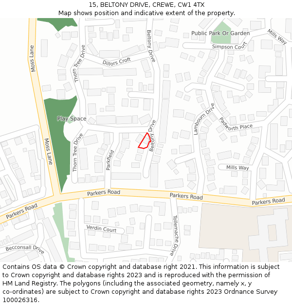 15, BELTONY DRIVE, CREWE, CW1 4TX: Location map and indicative extent of plot