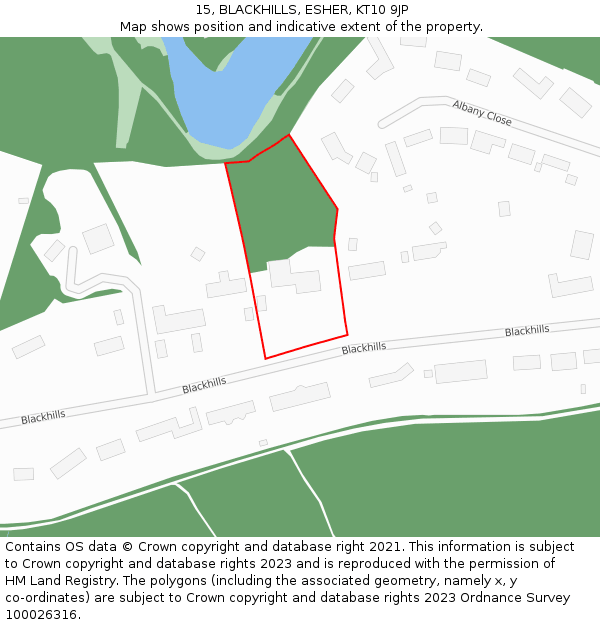 15, BLACKHILLS, ESHER, KT10 9JP: Location map and indicative extent of plot