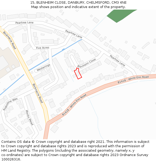 15, BLENHEIM CLOSE, DANBURY, CHELMSFORD, CM3 4NE: Location map and indicative extent of plot