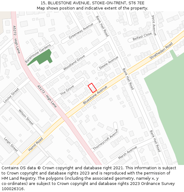 15, BLUESTONE AVENUE, STOKE-ON-TRENT, ST6 7EE: Location map and indicative extent of plot