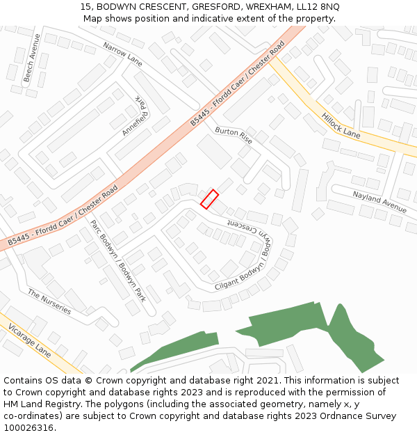 15, BODWYN CRESCENT, GRESFORD, WREXHAM, LL12 8NQ: Location map and indicative extent of plot