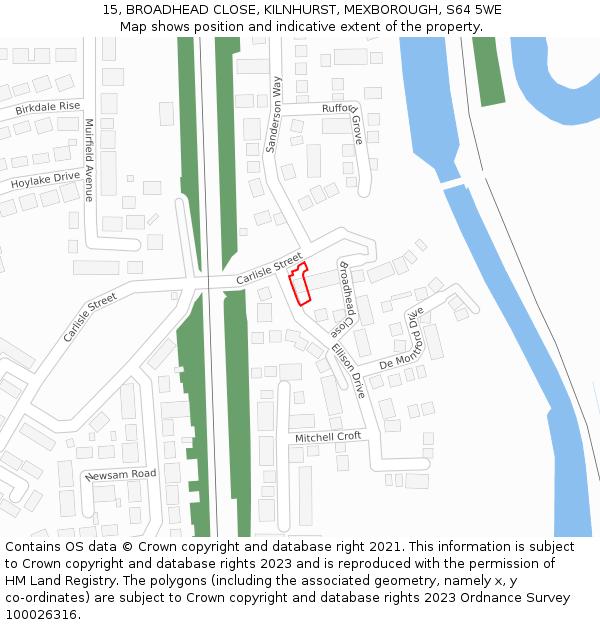 15, BROADHEAD CLOSE, KILNHURST, MEXBOROUGH, S64 5WE: Location map and indicative extent of plot