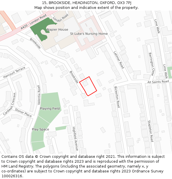 15, BROOKSIDE, HEADINGTON, OXFORD, OX3 7PJ: Location map and indicative extent of plot