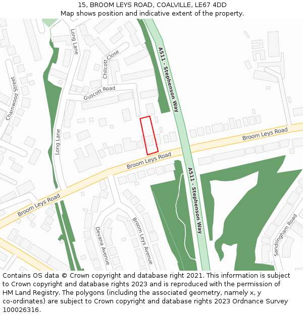 15, BROOM LEYS ROAD, COALVILLE, LE67 4DD: Location map and indicative extent of plot